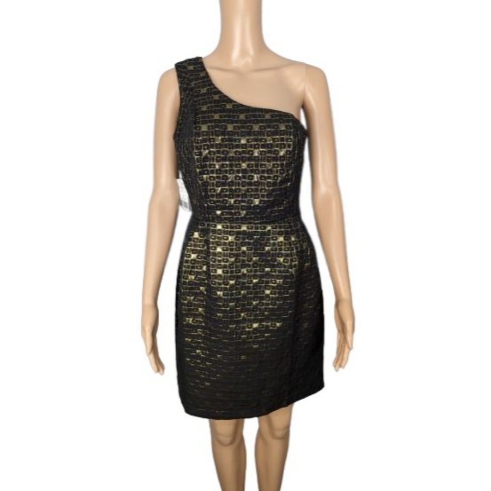 Forever 21 Black and Gold One Shoulder Dress M